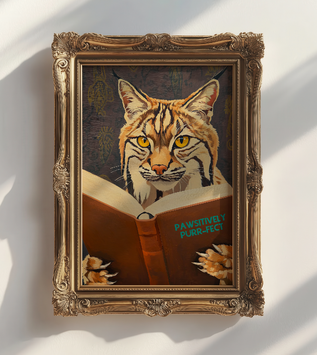 Whimsical Bobcat Reading Book Art Print - Literary Animal Wall Decor for Book Lovers and Cozy Nooks