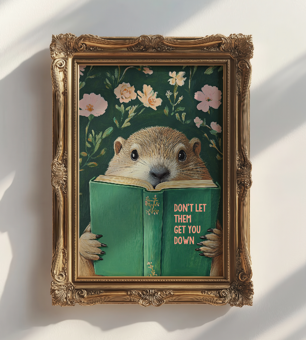Whimsical Groundhog Reading Book Art Print - Literary Animal Wall Decor for Cozy Reading Nook RebelMod