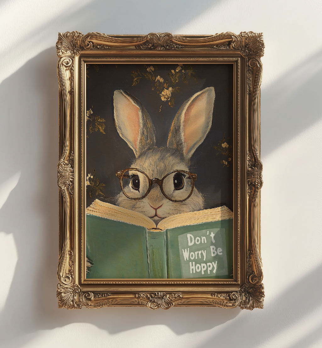 Don't Worry Be Hoppy Bunny Art Print – Funny Book Lover Wall Decor, Cute Rabbit Illustration, Motivational Quote, Cozy Reading Nook Art