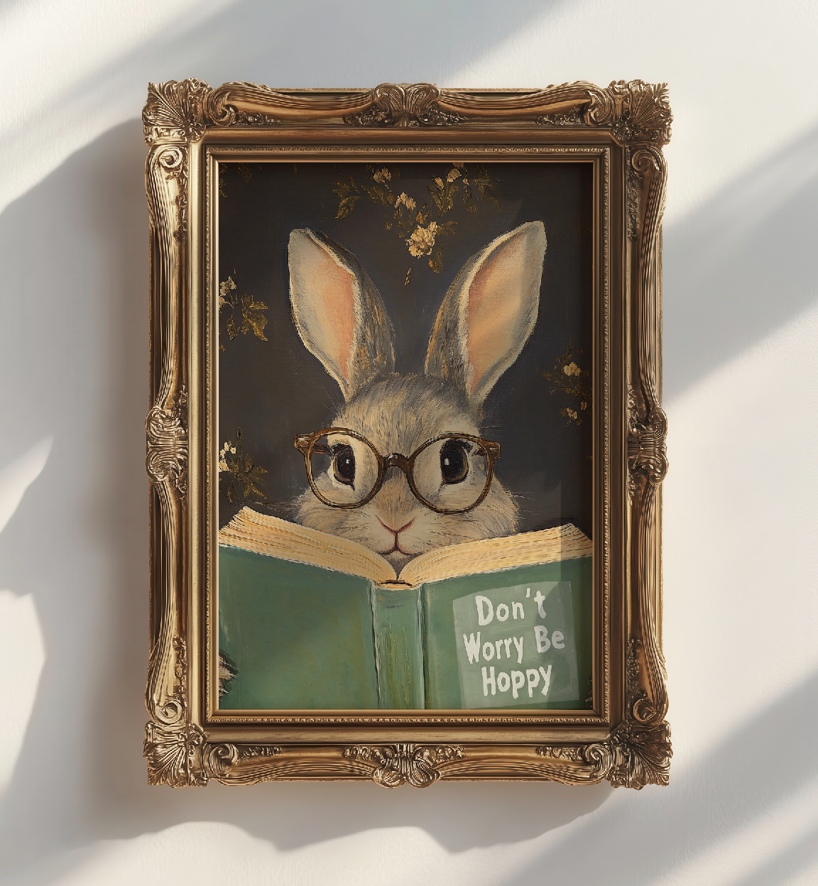 Don't Worry Be Hoppy Bunny Art Print – Funny Book Lover Wall Decor, Cute Rabbit Illustration, Motivational Quote, Cozy Reading Nook Art