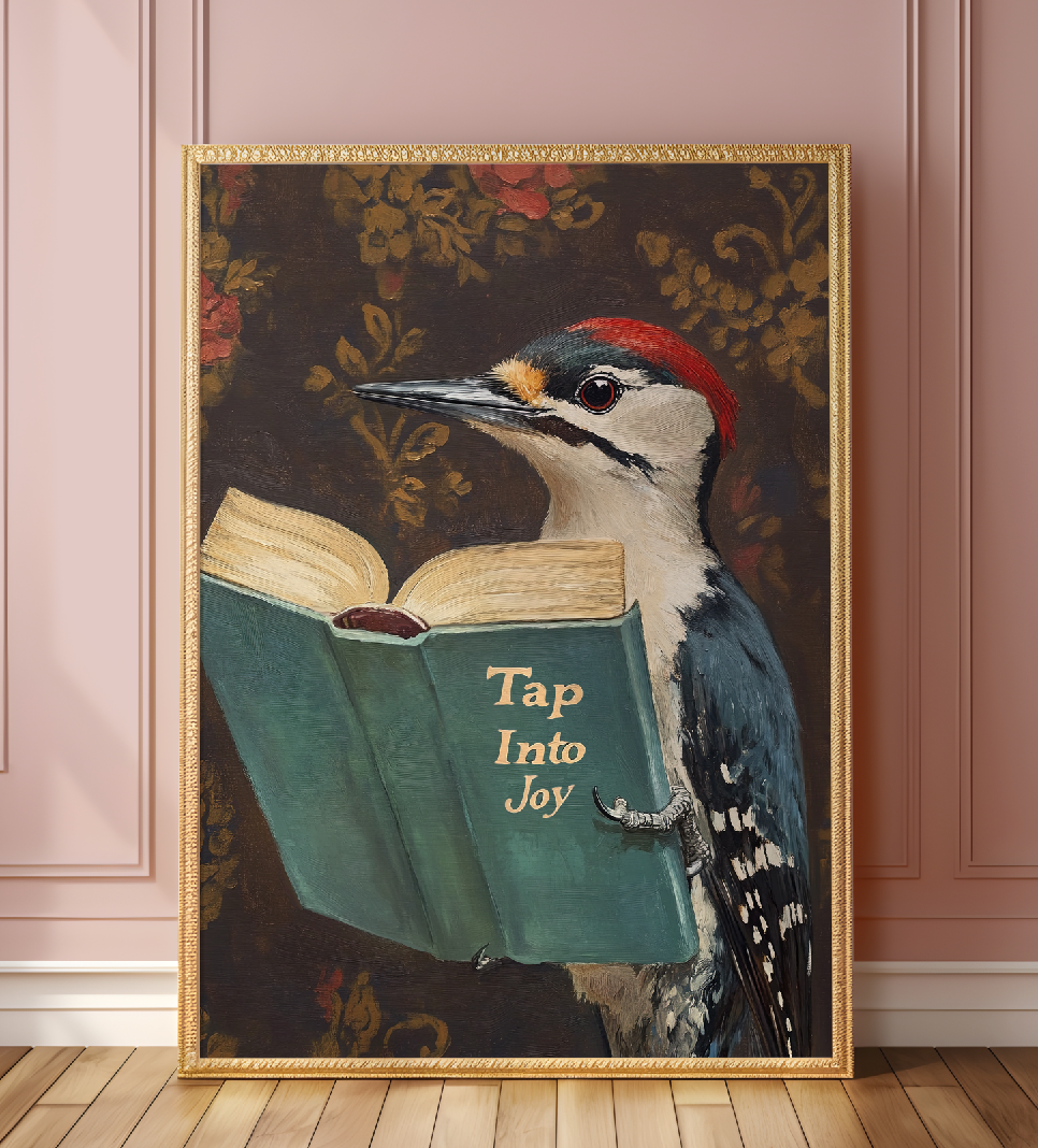 Woodpecker Reading Book Art Print – Motivational Wall Decor, Funny Animal Illustration, Literary Bird Art, Nature Lover Gift