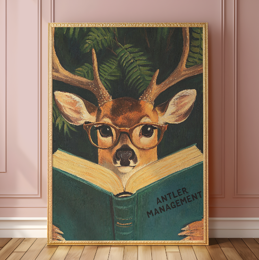 Deer Book Lovers Funny Wall Art Print – Motivational Animal Illustration, Literary Decor, Cute Deer Print, Cozy Reading Nook Art