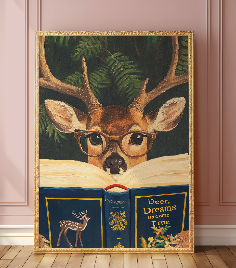 Funny Deer Reading Book Art Print – Motivational Wall Decor, Literary Animal Illustration, Book Lover Gift, Cozy Reading Nook Art