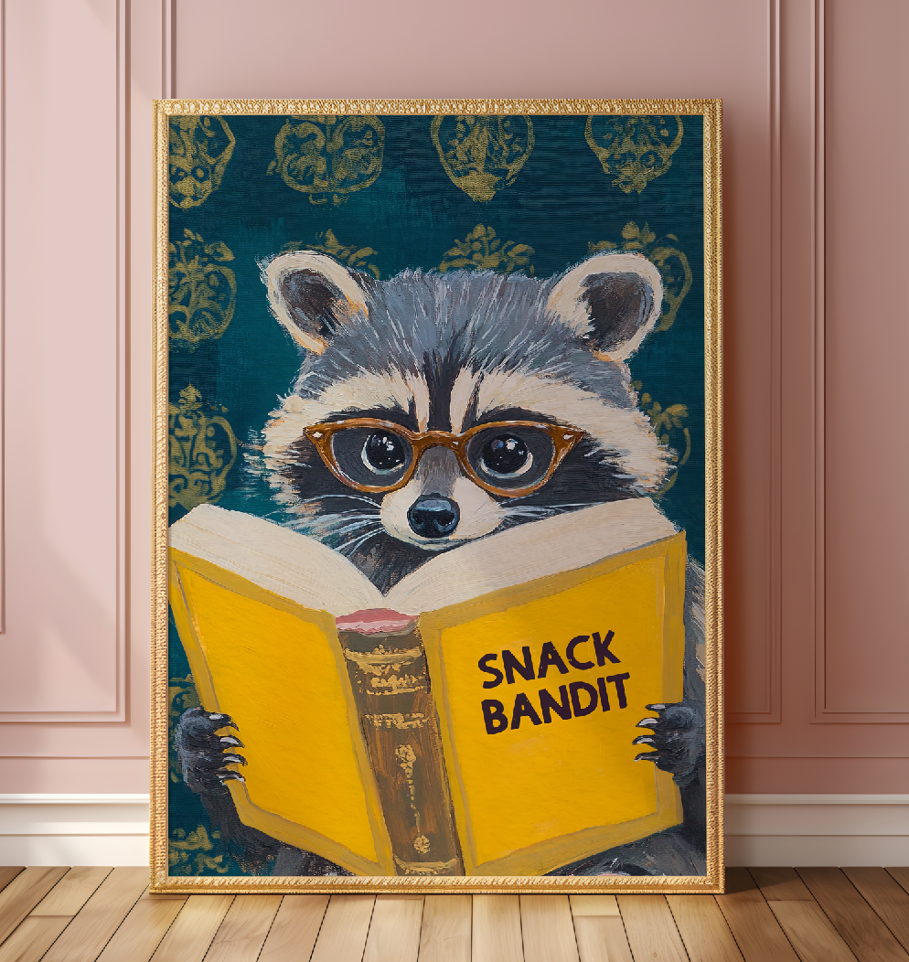 Raccoon Reading Book Art Print – Motivational Wall Decor, Literary Animal Illustration, Funny Raccoon Print, Cozy Reading Nook Art
