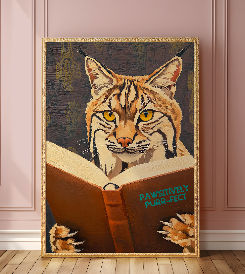 Whimsical Bobcat Reading Book Art Print - Literary Animal Wall Decor for Book Lovers and Cozy Nooks