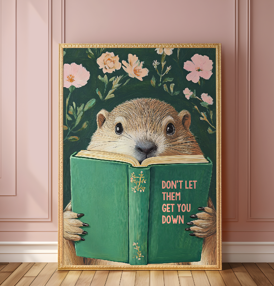 Whimsical Groundhog Reading Book Art Print - Literary Animal Wall Decor for Cozy Reading Nook RebelMod