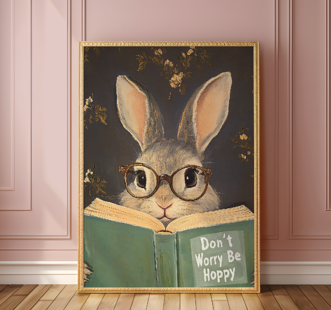 Don't Worry Be Hoppy Bunny Art Print – Funny Book Lover Wall Decor, Cute Rabbit Illustration, Motivational Quote, Cozy Reading Nook Art