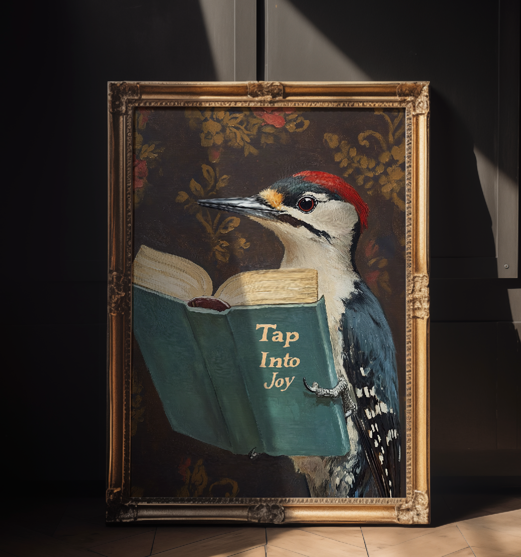 Woodpecker Reading Book Art Print – Motivational Wall Decor, Funny Animal Illustration, Literary Bird Art, Nature Lover Gift