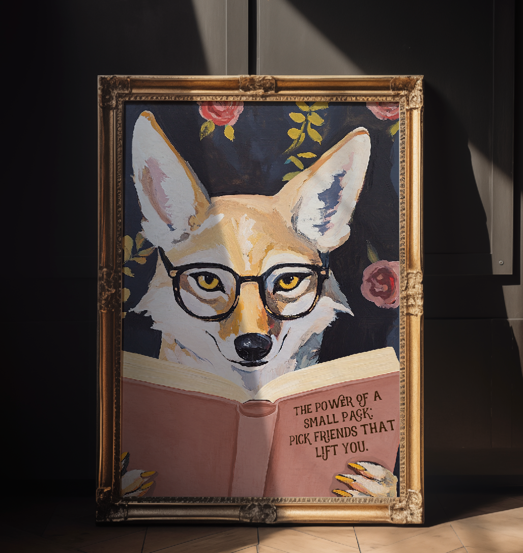 Coyote Reading Book Art Print – Literary Animal Wall Decor, Motivational Quote, Book Lover Gift, Cozy Reading Nook Art