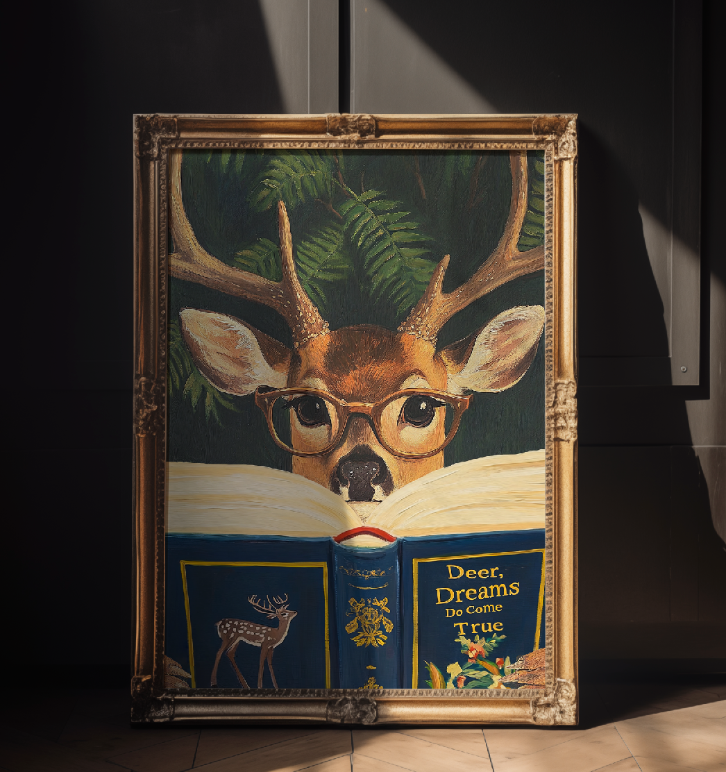Funny Deer Reading Book Art Print – Motivational Wall Decor, Literary Animal Illustration, Book Lover Gift, Cozy Reading Nook Art