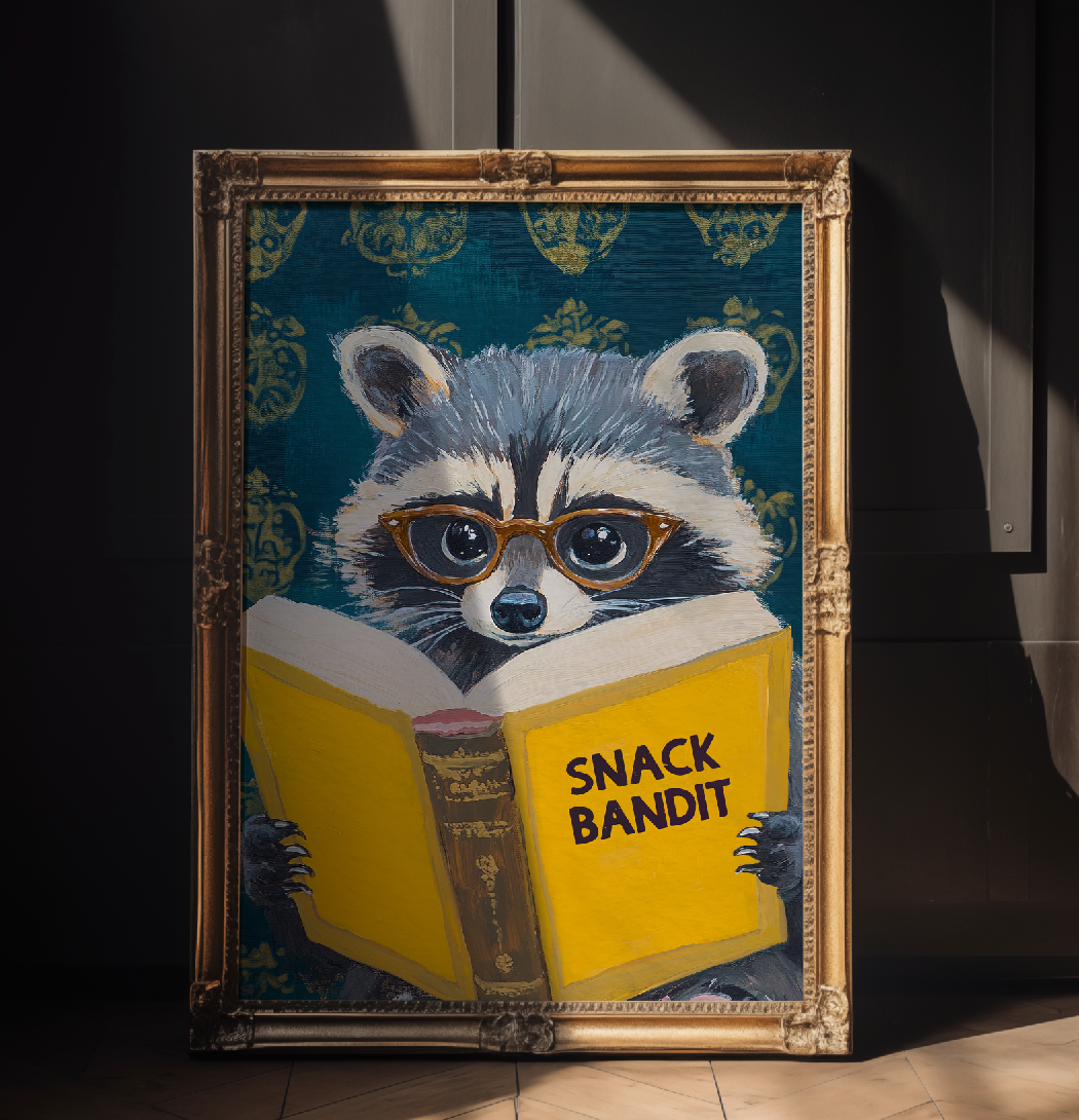 Raccoon Reading Book Art Print – Motivational Wall Decor, Literary Animal Illustration, Funny Raccoon Print, Cozy Reading Nook Art