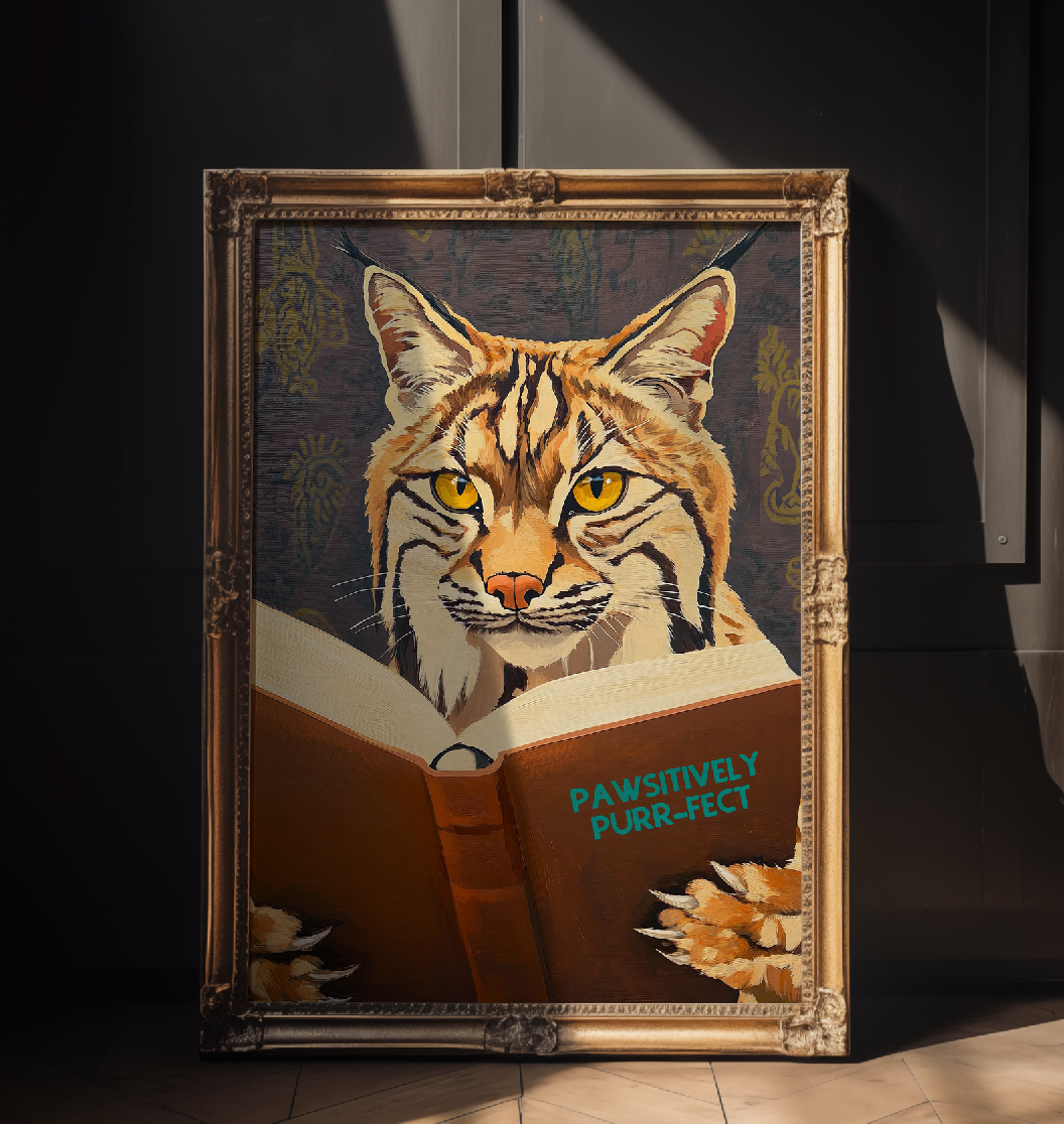 Whimsical Bobcat Reading Book Art Print - Literary Animal Wall Decor for Book Lovers and Cozy Nooks
