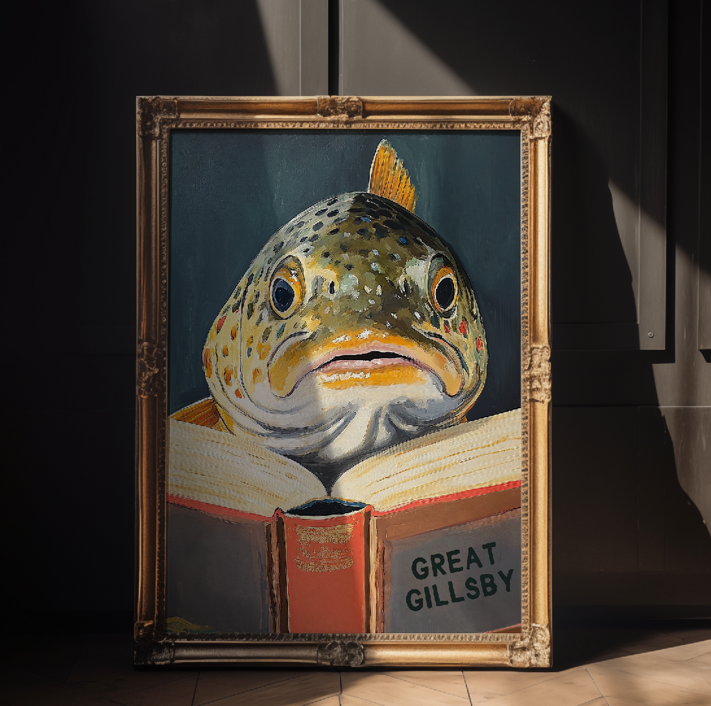 Funny Fish Book Lovers Wall Art – Literary Animal Illustration, Motivational Quote, Bookish Decor, Cute Fish Print, Reading Nook Art