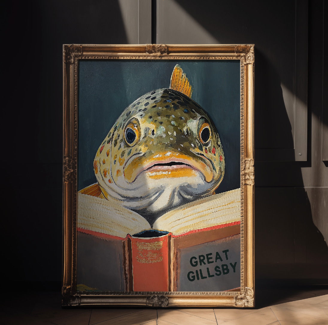 Funny Fish Book Lovers Wall Art – Literary Animal Illustration, Motivational Quote, Bookish Decor, Cute Fish Print, Reading Nook Art