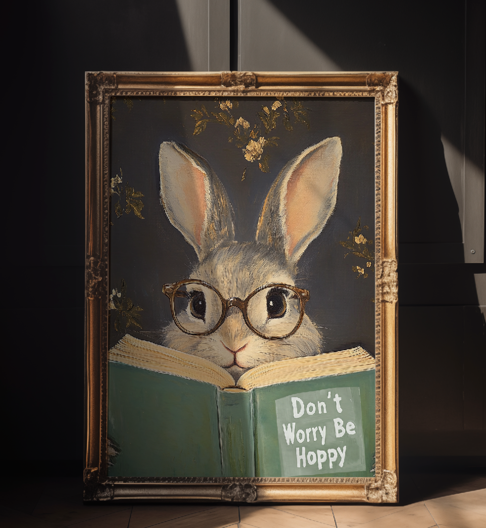 Don't Worry Be Hoppy Bunny Art Print – Funny Book Lover Wall Decor, Cute Rabbit Illustration, Motivational Quote, Cozy Reading Nook Art