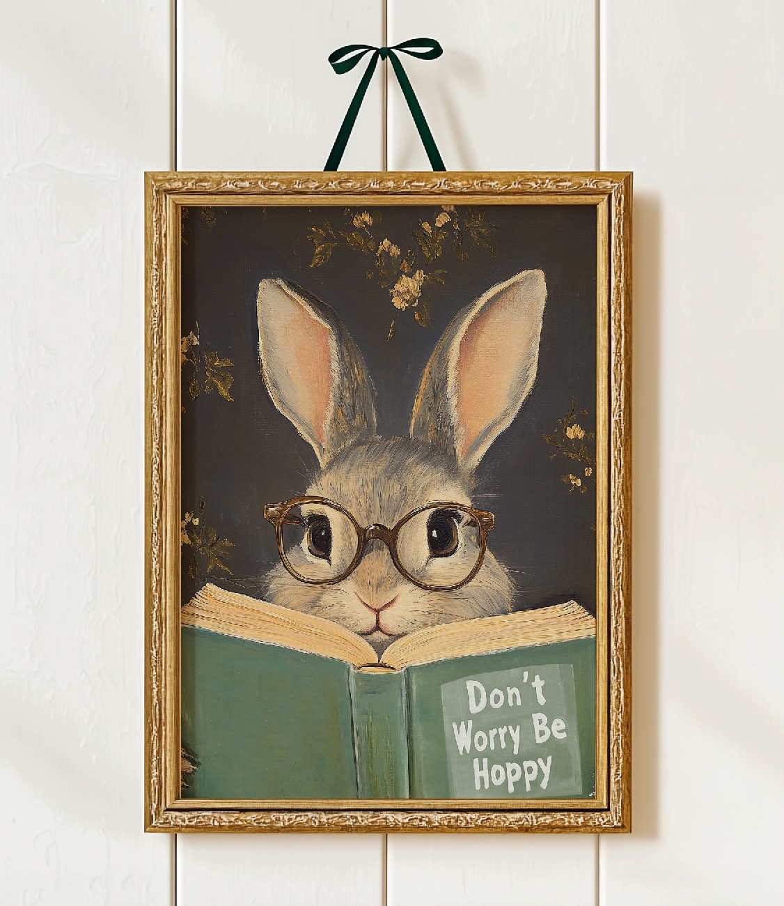 Don't Worry Be Hoppy Bunny Art Print – Funny Book Lover Wall Decor, Cute Rabbit Illustration, Motivational Quote, Cozy Reading Nook Art