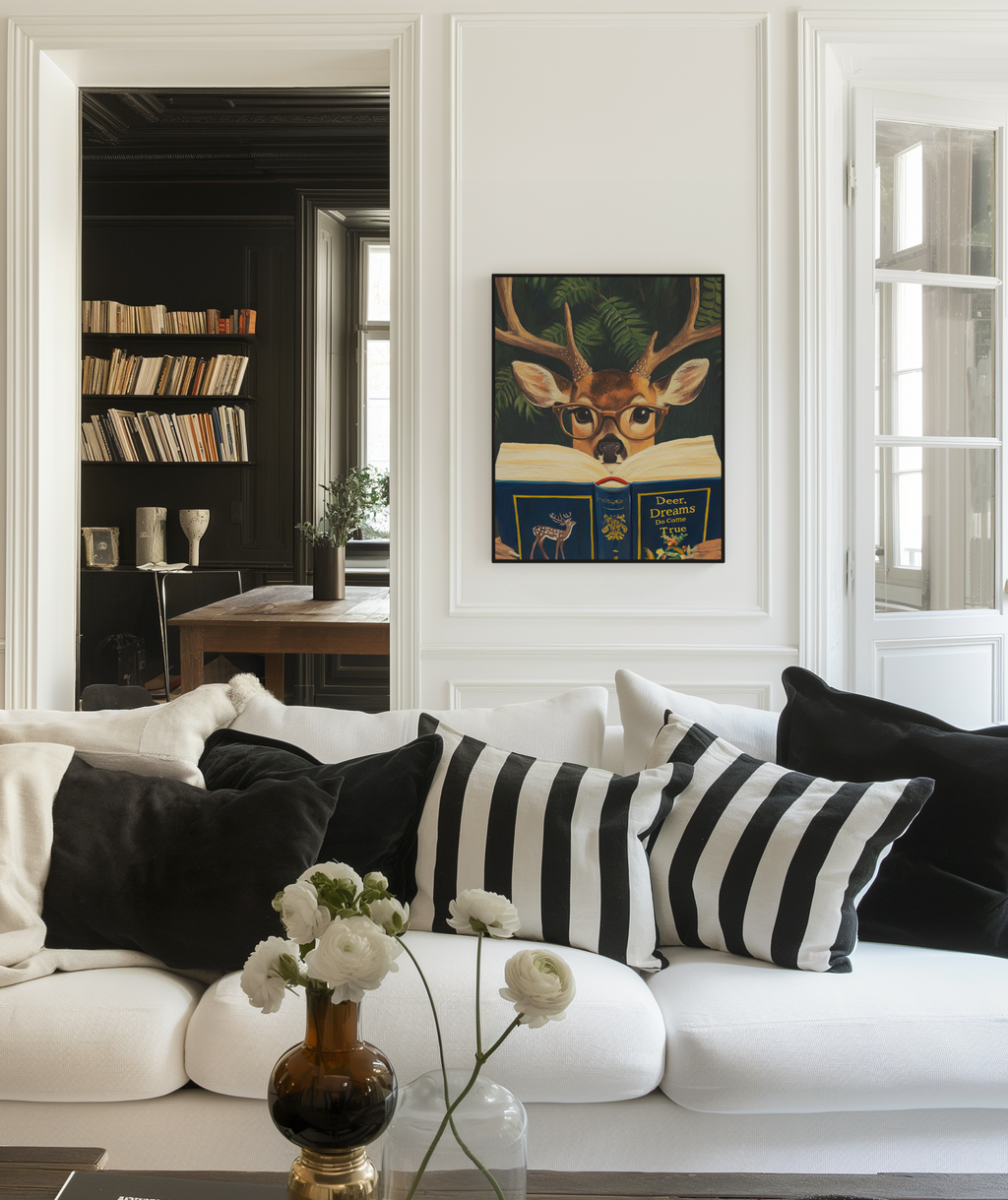 Funny Deer Reading Book Art Print – Motivational Wall Decor, Literary Animal Illustration, Book Lover Gift, Cozy Reading Nook Art