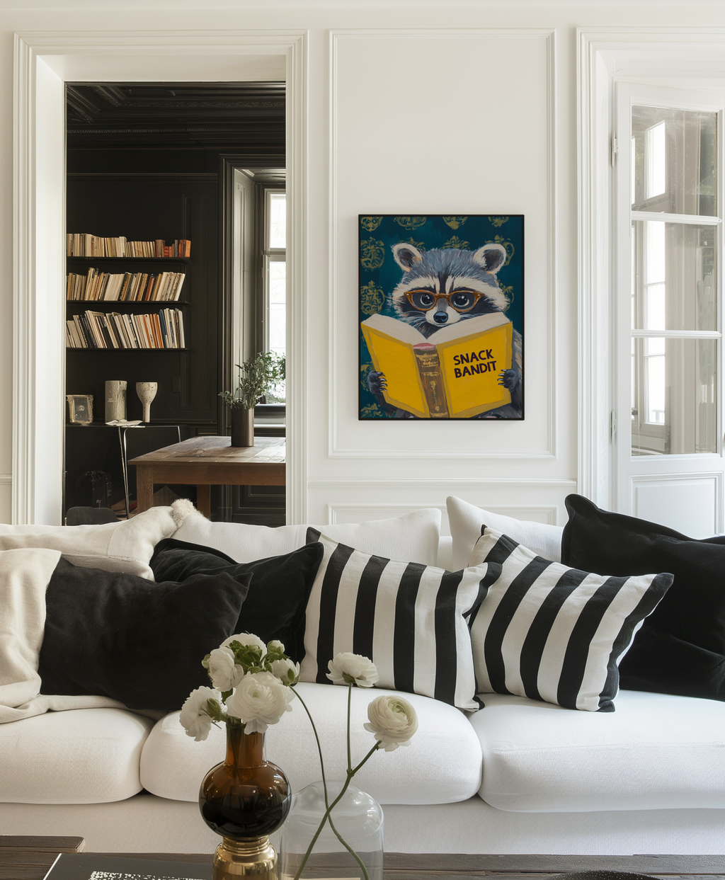 Raccoon Reading Book Art Print – Motivational Wall Decor, Literary Animal Illustration, Funny Raccoon Print, Cozy Reading Nook Art