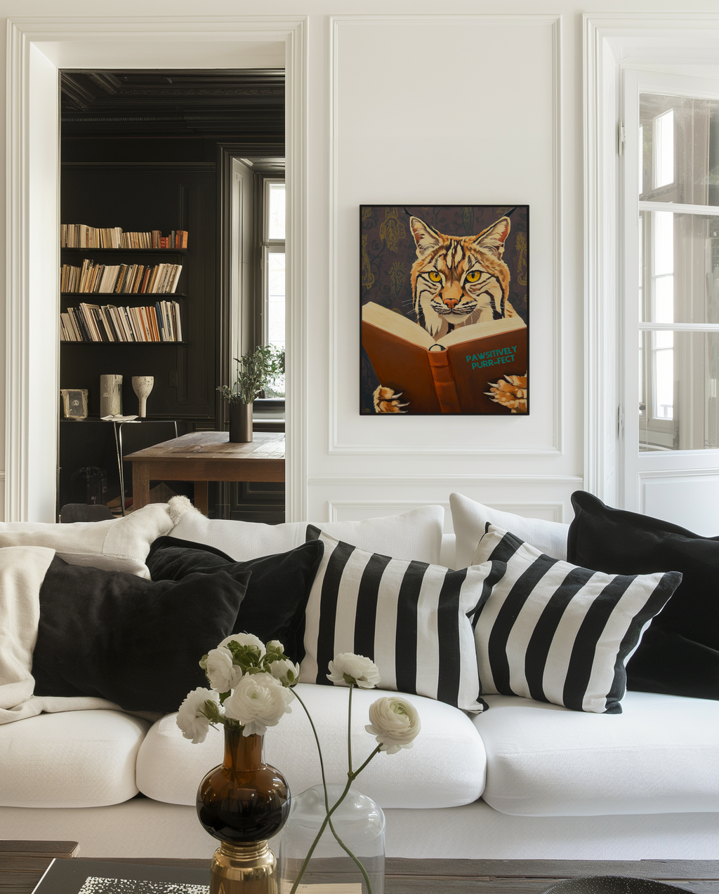 Whimsical Bobcat Reading Book Art Print - Literary Animal Wall Decor for Book Lovers and Cozy Nooks