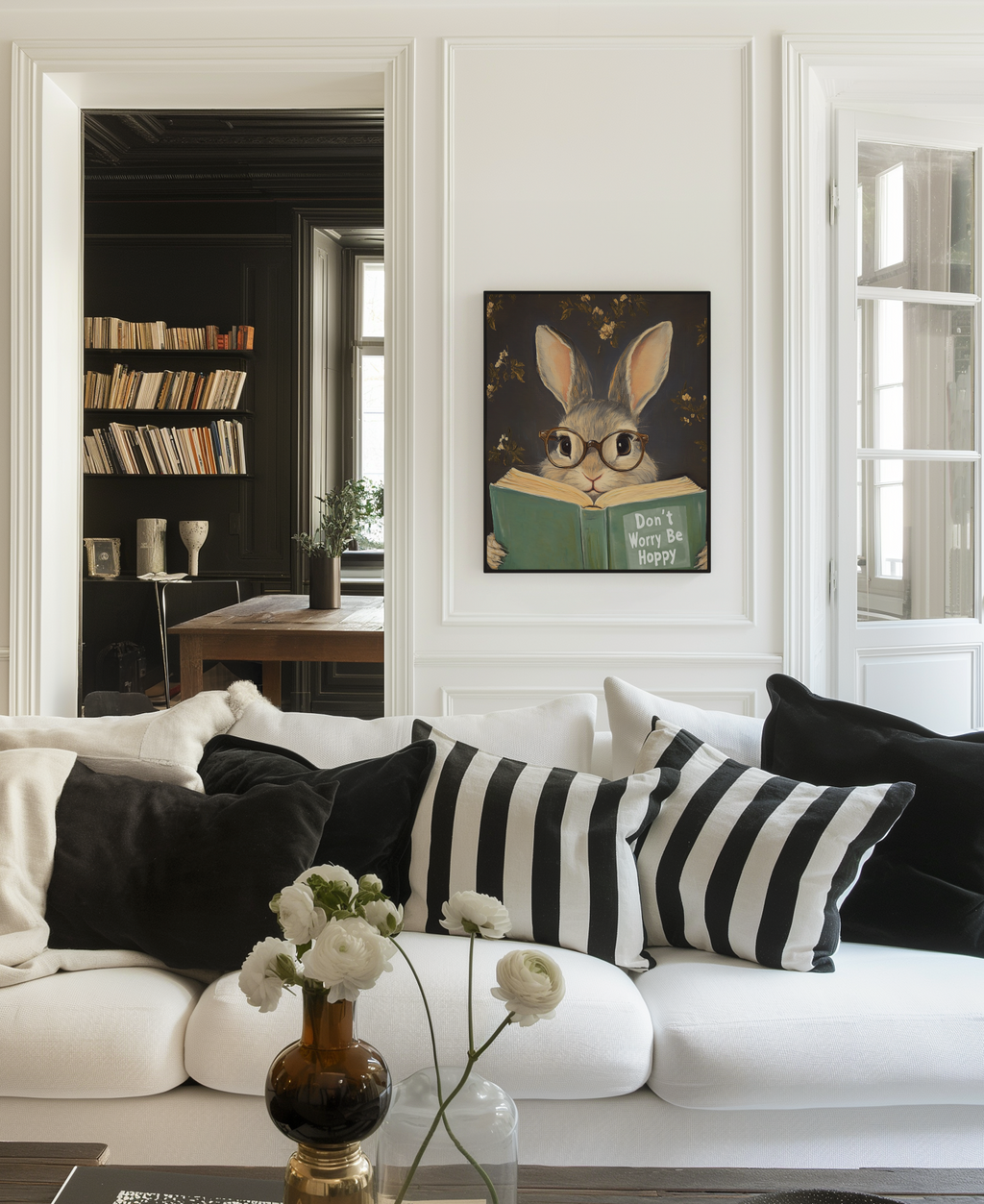 Don't Worry Be Hoppy Bunny Art Print – Funny Book Lover Wall Decor, Cute Rabbit Illustration, Motivational Quote, Cozy Reading Nook Art