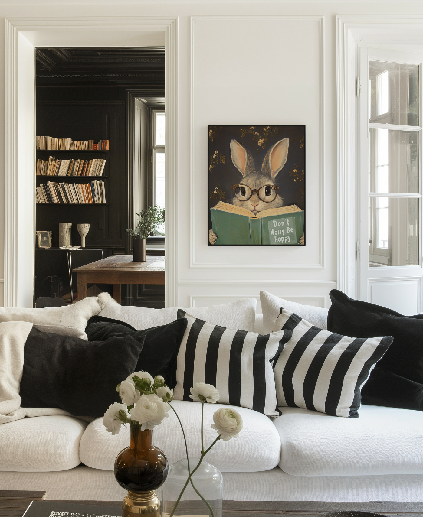 Don't Worry Be Hoppy Bunny Art Print – Funny Book Lover Wall Decor, Cute Rabbit Illustration, Motivational Quote, Cozy Reading Nook Art