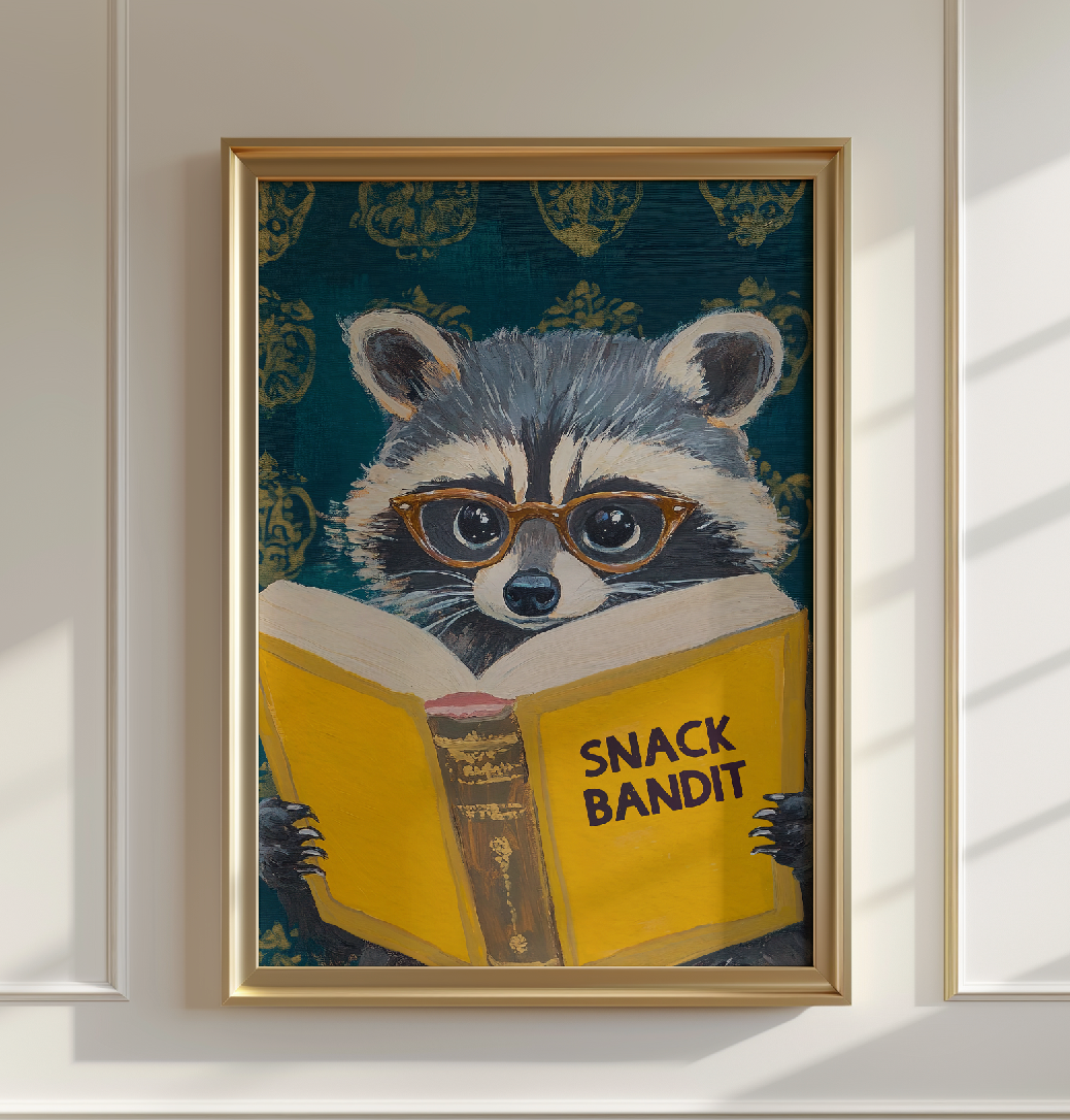 Raccoon Reading Book Art Print – Motivational Wall Decor, Literary Animal Illustration, Funny Raccoon Print, Cozy Reading Nook Art