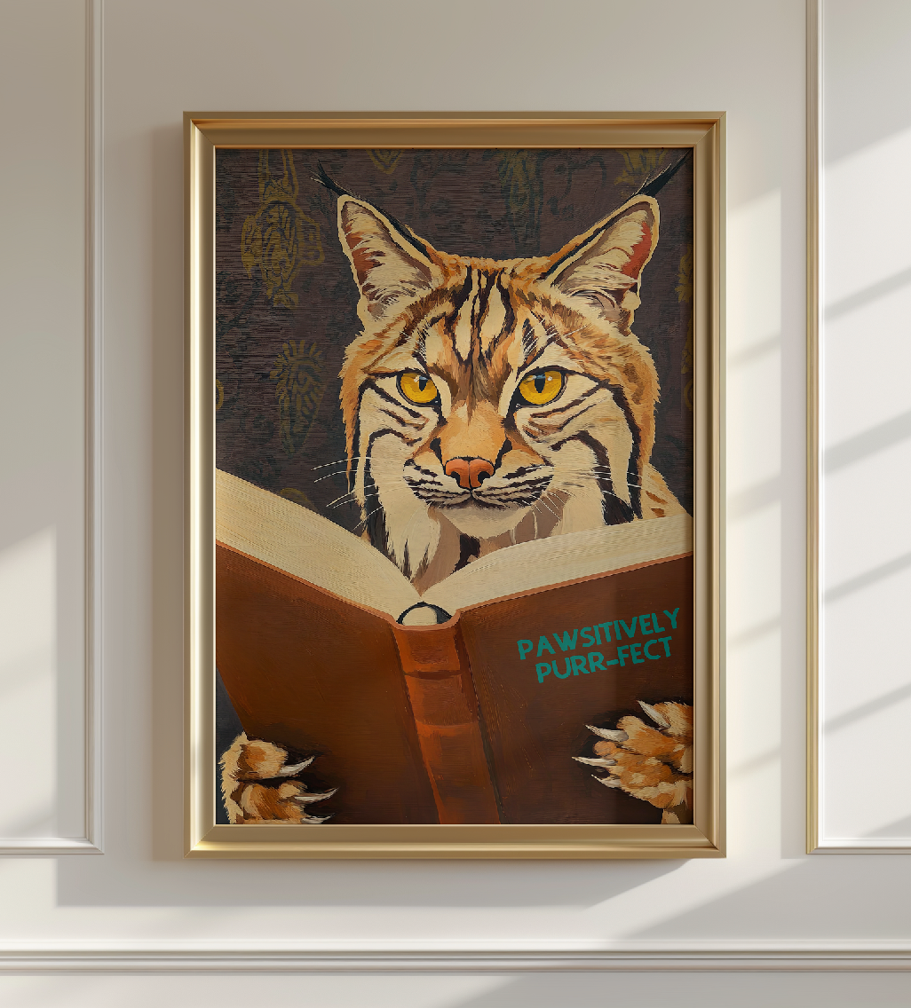 Whimsical Bobcat Reading Book Art Print - Literary Animal Wall Decor for Book Lovers and Cozy Nooks