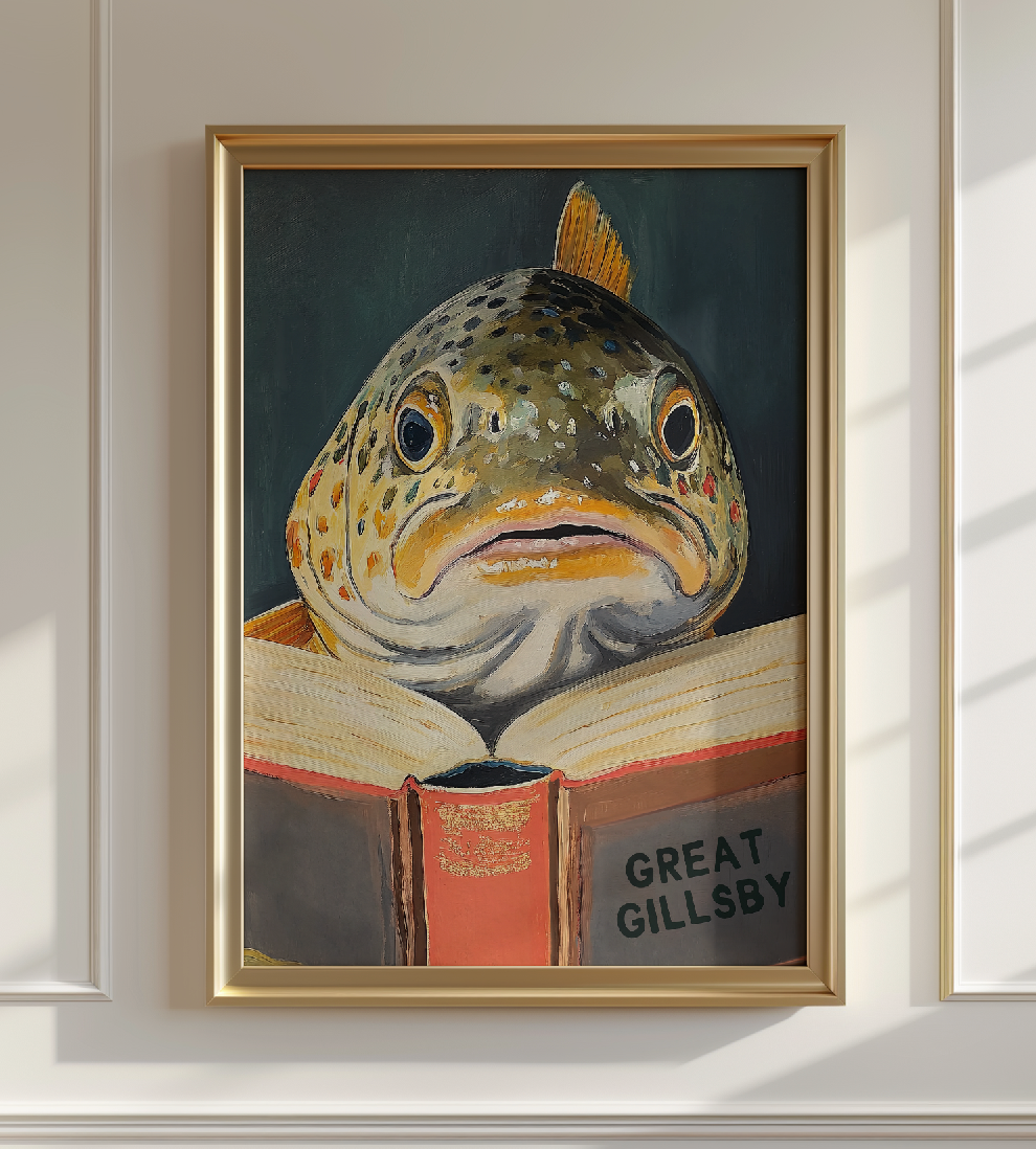 Funny Fish Book Lovers Wall Art – Literary Animal Illustration, Motivational Quote, Bookish Decor, Cute Fish Print, Reading Nook Art