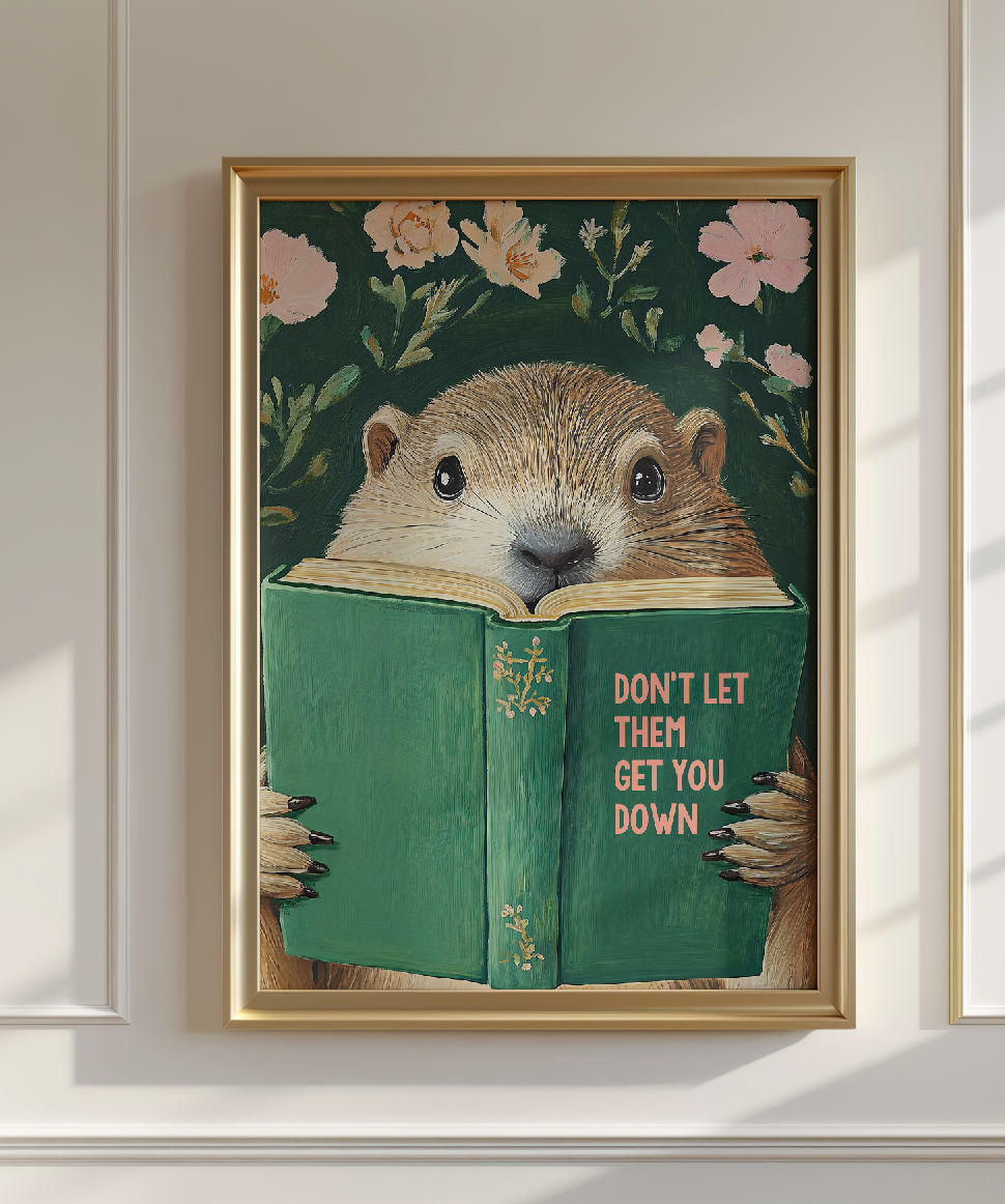 Whimsical Groundhog Reading Book Art Print - Literary Animal Wall Decor for Cozy Reading Nook RebelMod