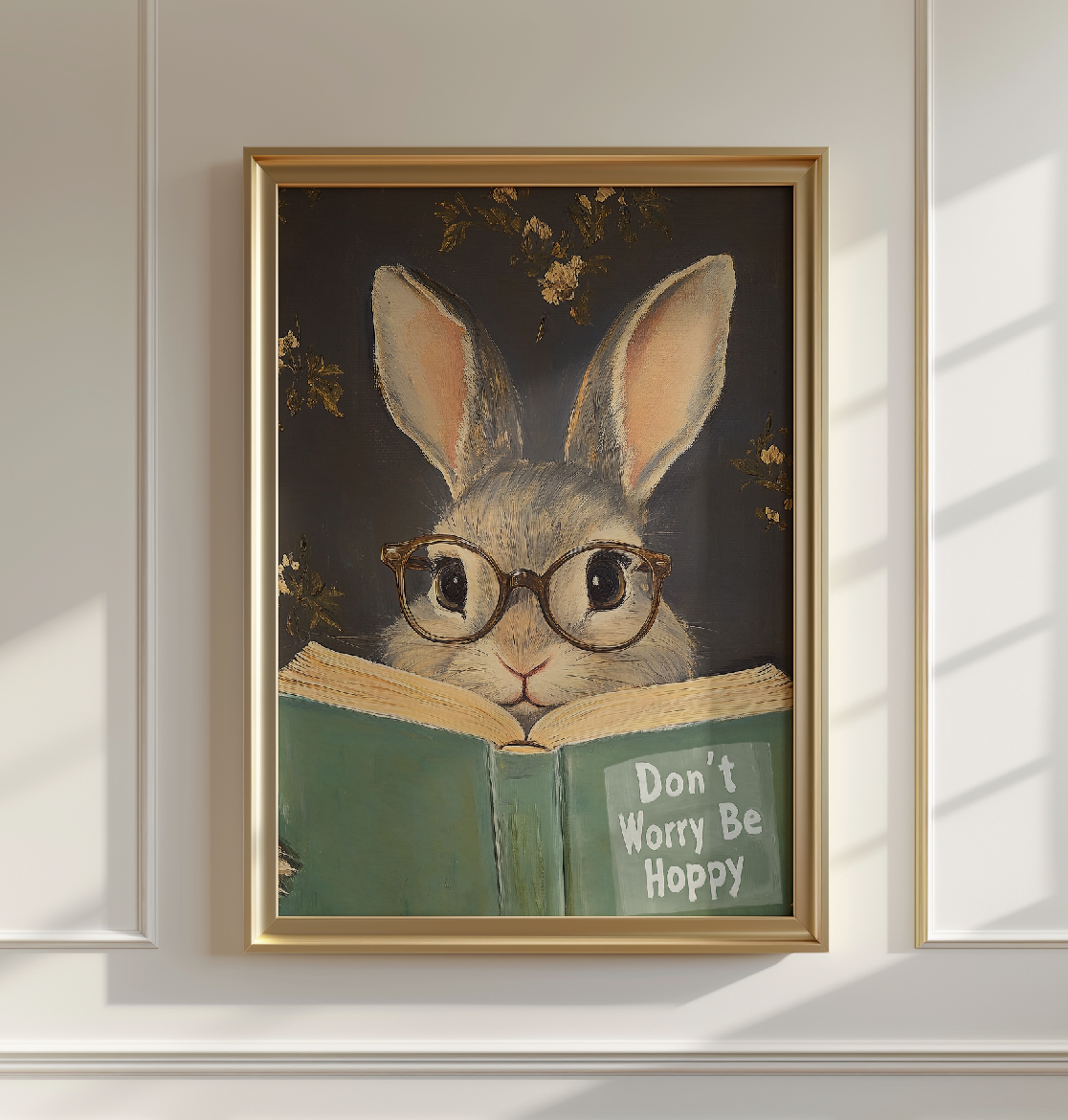 Don't Worry Be Hoppy Bunny Art Print – Funny Book Lover Wall Decor, Cute Rabbit Illustration, Motivational Quote, Cozy Reading Nook Art