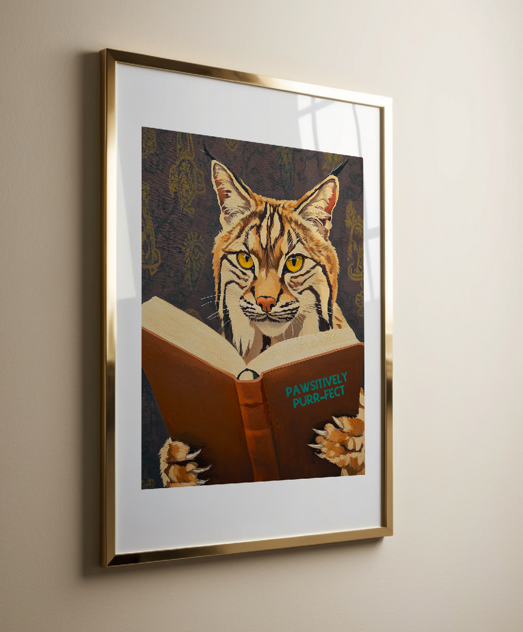 Whimsical Bobcat Reading Book Art Print - Literary Animal Wall Decor for Book Lovers and Cozy Nooks