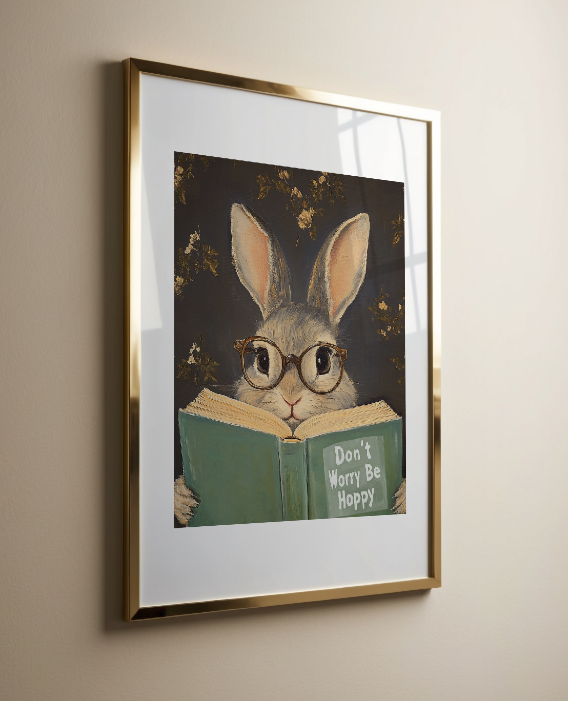 Don't Worry Be Hoppy Bunny Art Print – Funny Book Lover Wall Decor, Cute Rabbit Illustration, Motivational Quote, Cozy Reading Nook Art