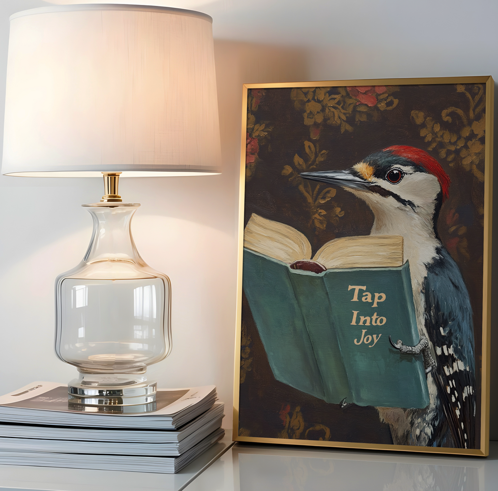 Woodpecker Reading Book Art Print – Motivational Wall Decor, Funny Animal Illustration, Literary Bird Art, Nature Lover Gift