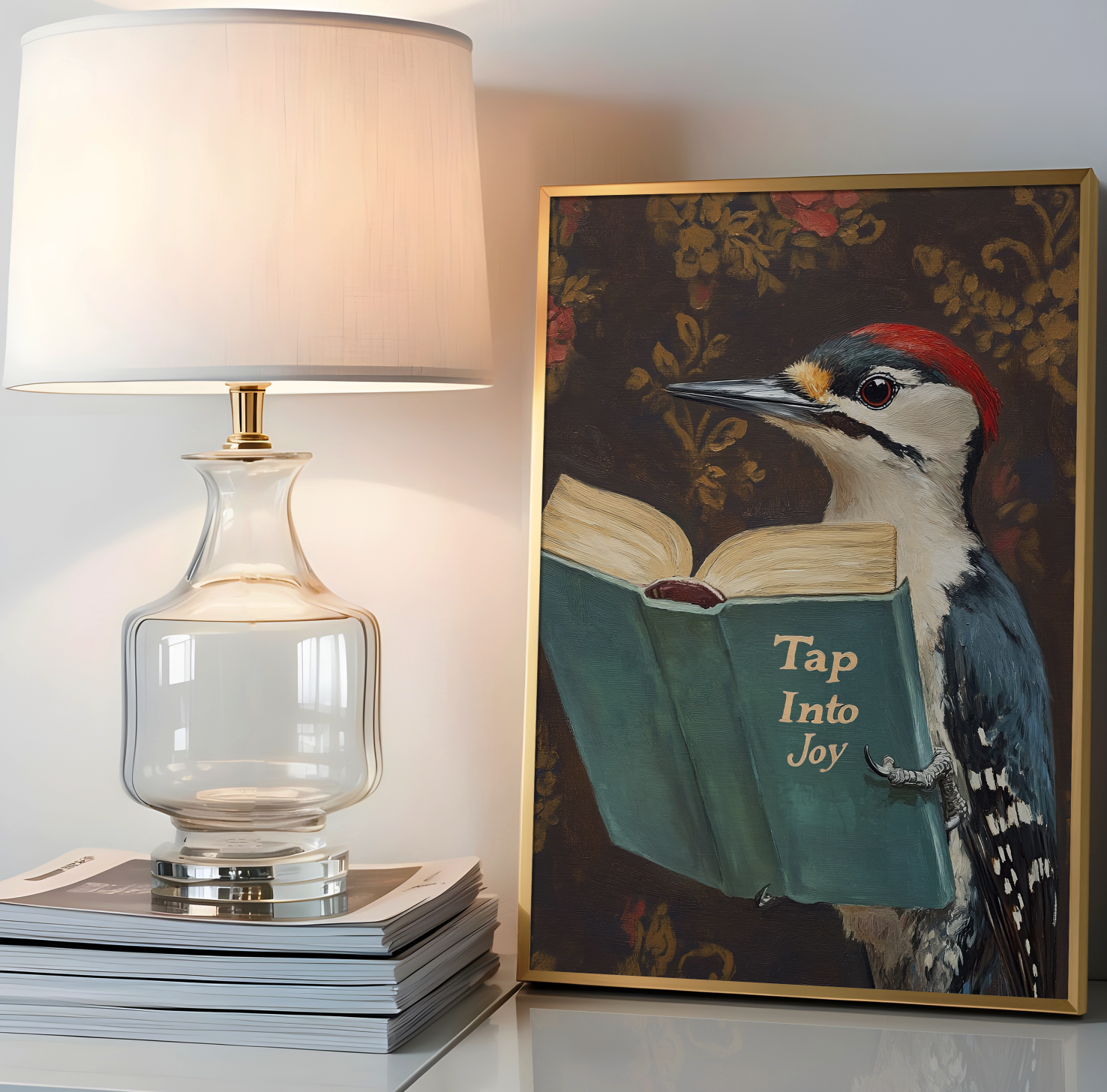 Woodpecker Reading Book Art Print – Motivational Wall Decor, Funny Animal Illustration, Literary Bird Art, Nature Lover Gift