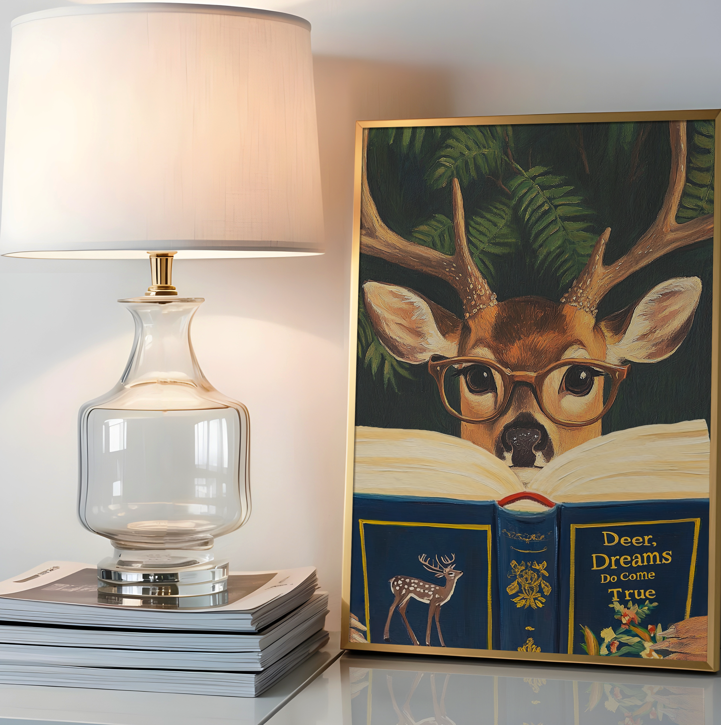 Funny Deer Reading Book Art Print – Motivational Wall Decor, Literary Animal Illustration, Book Lover Gift, Cozy Reading Nook Art