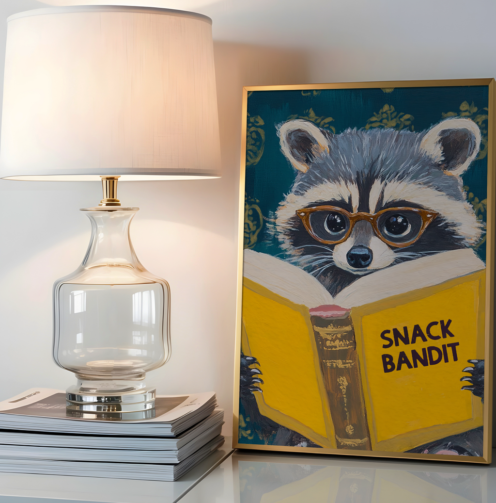 Raccoon Reading Book Art Print – Motivational Wall Decor, Literary Animal Illustration, Funny Raccoon Print, Cozy Reading Nook Art
