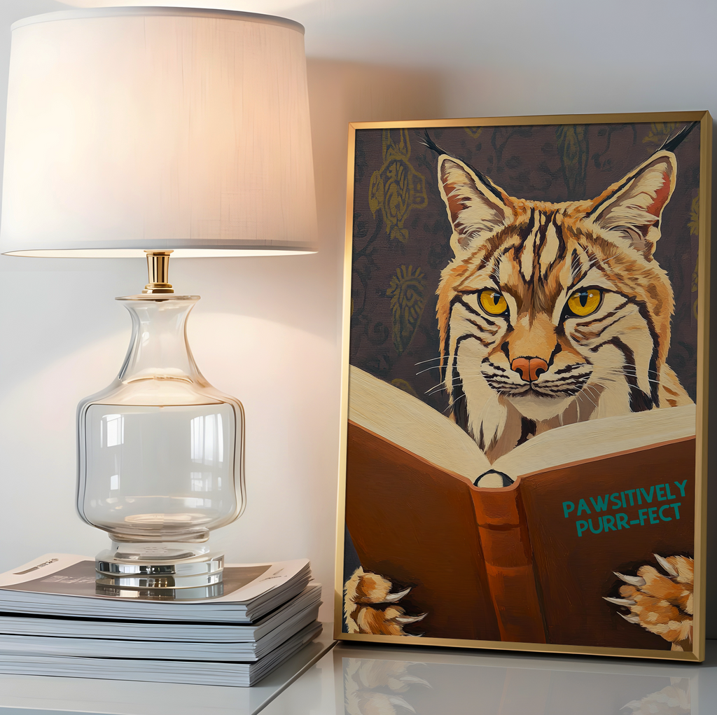 Whimsical Bobcat Reading Book Art Print - Literary Animal Wall Decor for Book Lovers and Cozy Nooks