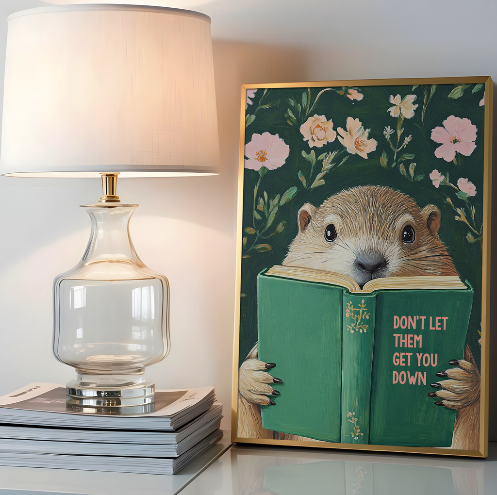 Whimsical Groundhog Reading Book Art Print - Literary Animal Wall Decor for Cozy Reading Nook RebelMod
