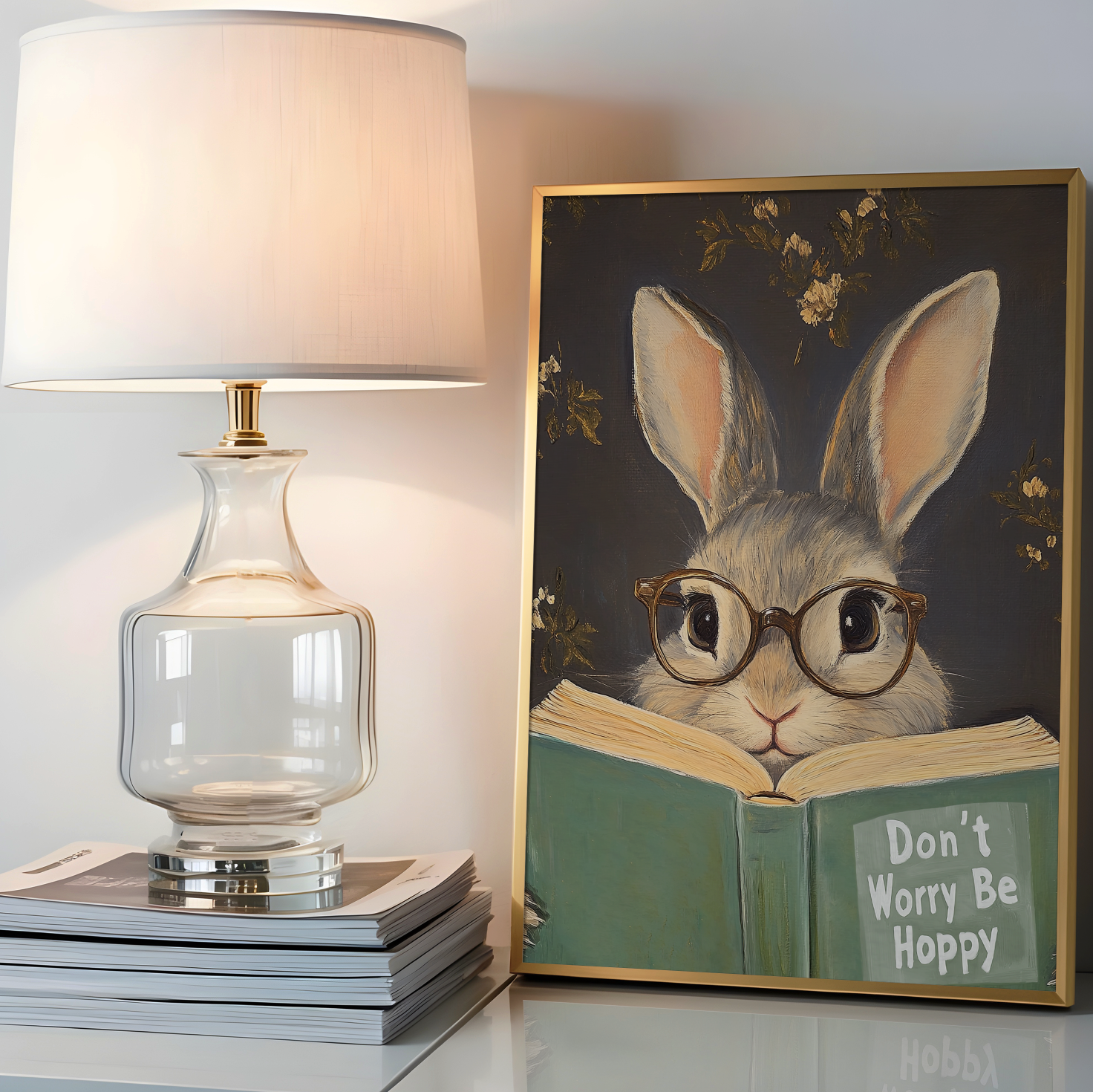 Don't Worry Be Hoppy Bunny Art Print – Funny Book Lover Wall Decor, Cute Rabbit Illustration, Motivational Quote, Cozy Reading Nook Art
