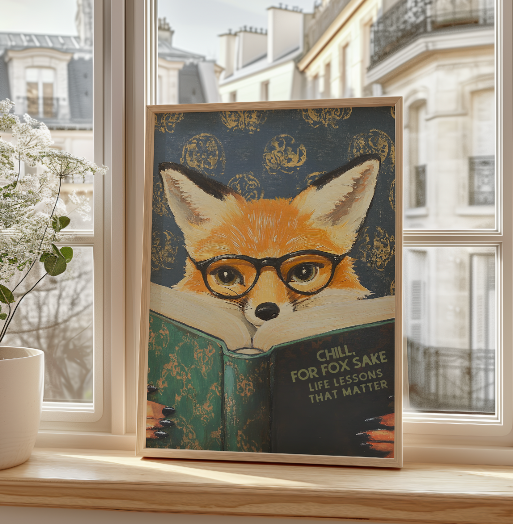 Funny Fox Reading Book Art Print – Literary Animal Wall Decor, Motivational Quote, Book Lover Gift, Cozy Reading Nook Art