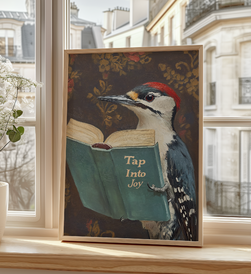 Woodpecker Reading Book Art Print – Motivational Wall Decor, Funny Animal Illustration, Literary Bird Art, Nature Lover Gift