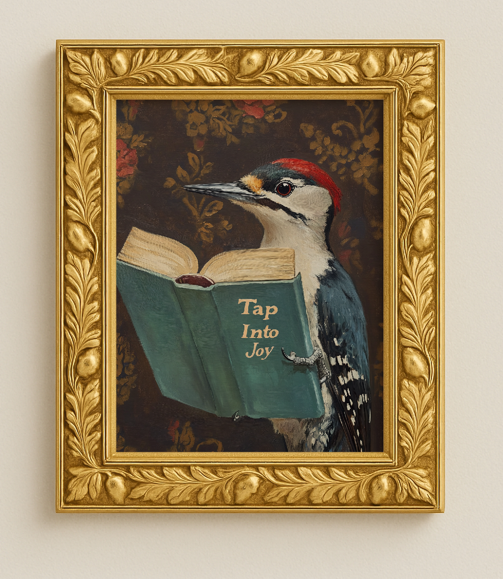 Woodpecker Reading Book Art Print – Motivational Wall Decor, Funny Animal Illustration, Literary Bird Art, Nature Lover Gift