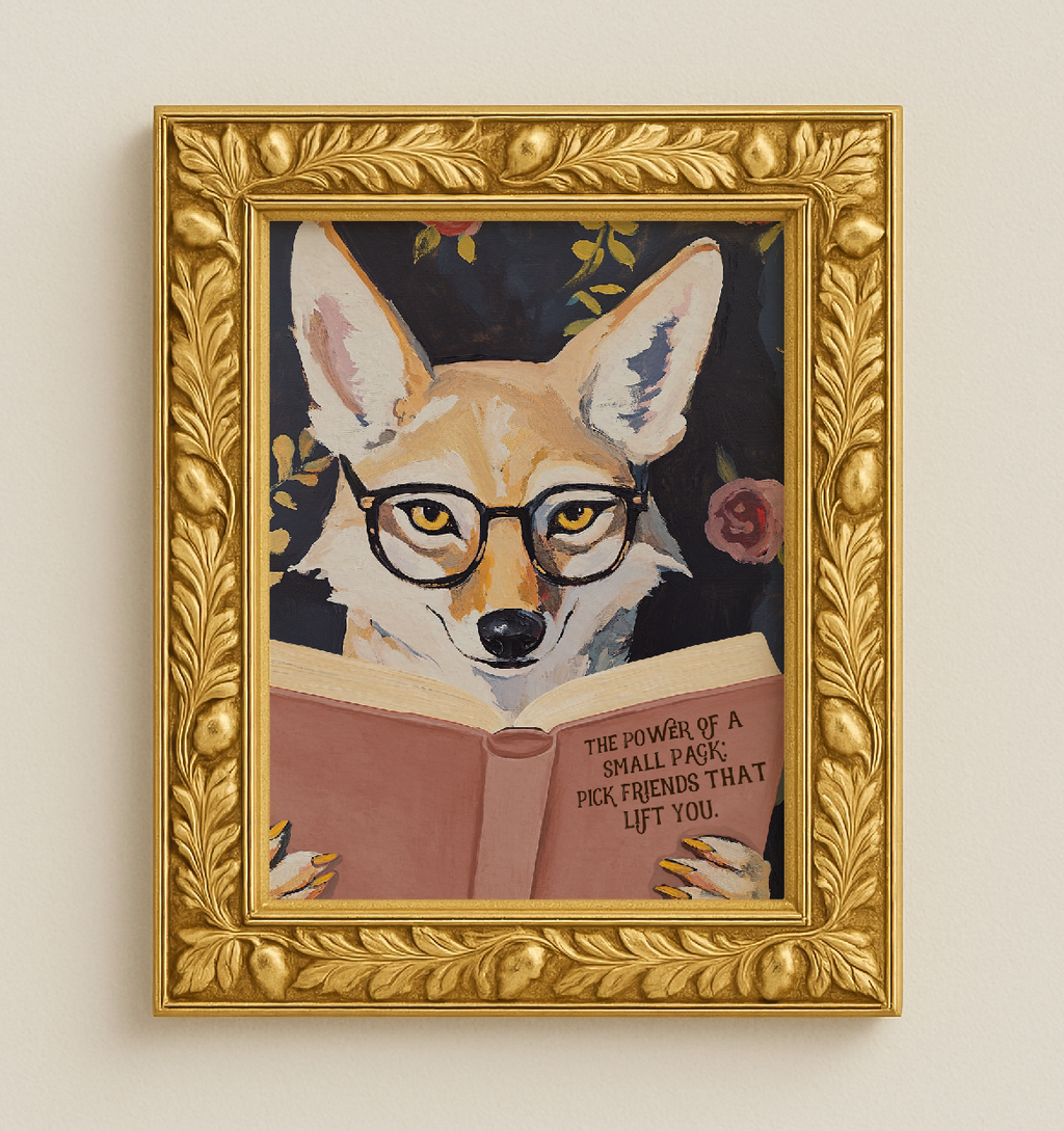 Coyote Reading Book Art Print – Literary Animal Wall Decor, Motivational Quote, Book Lover Gift, Cozy Reading Nook Art