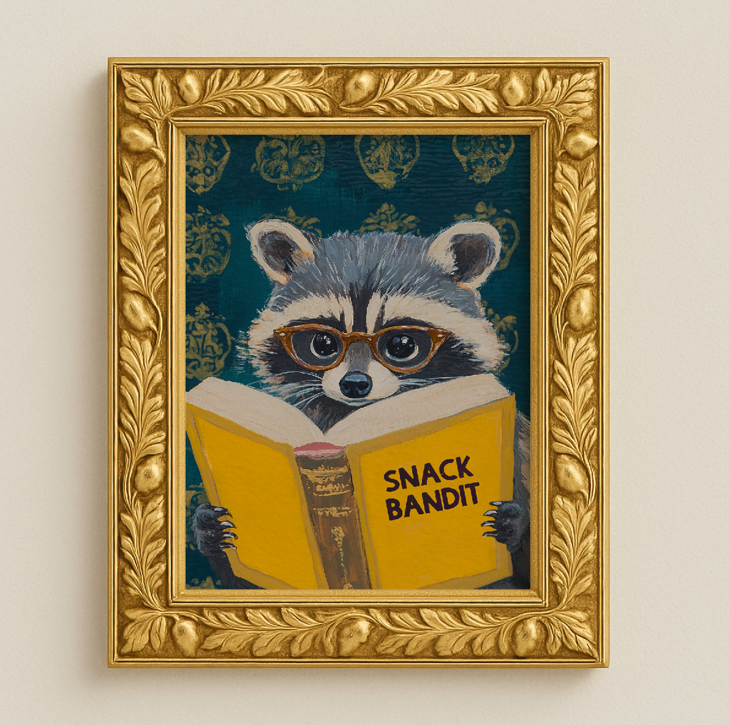 Raccoon Reading Book Art Print – Motivational Wall Decor, Literary Animal Illustration, Funny Raccoon Print, Cozy Reading Nook Art