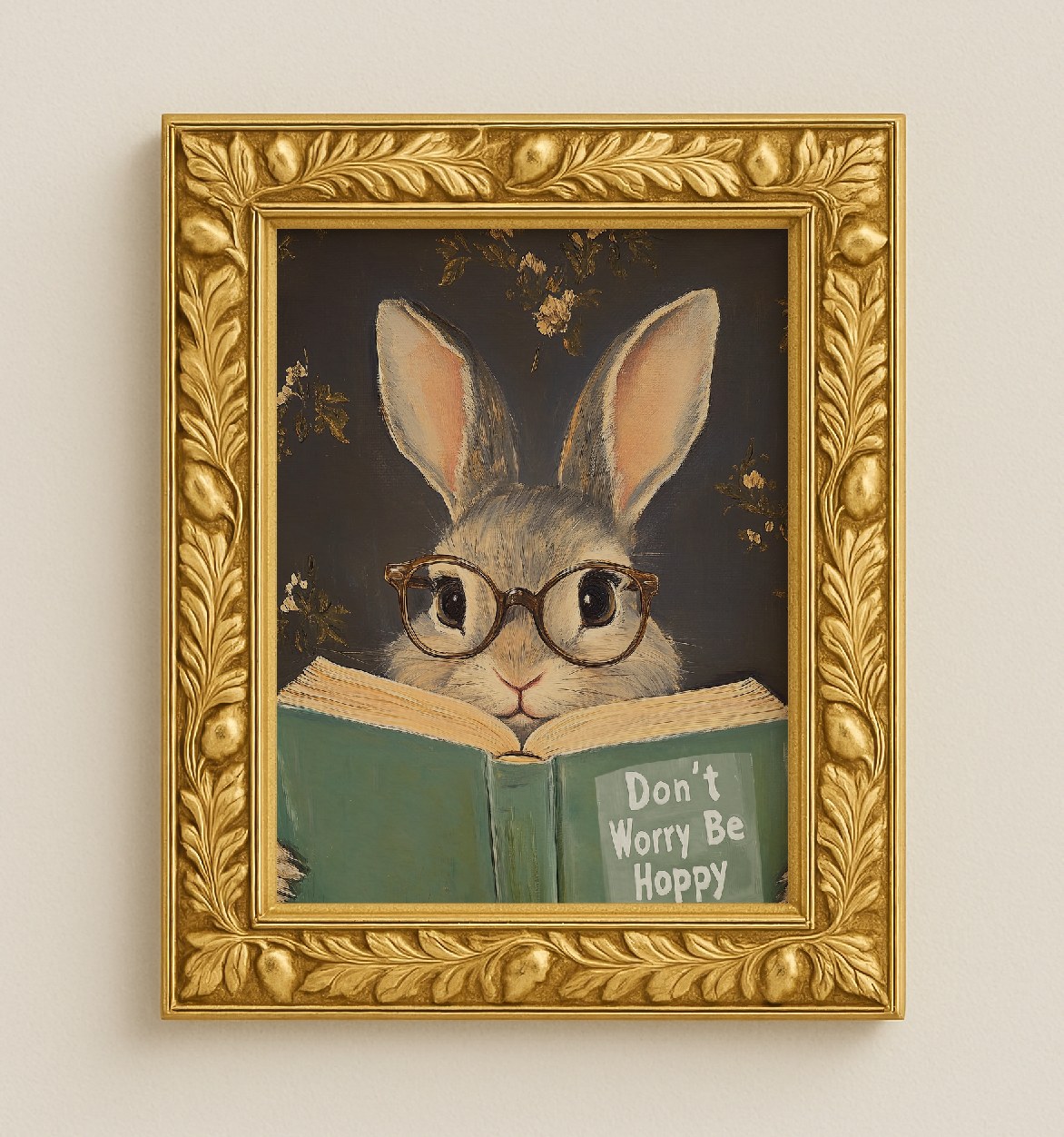 Don't Worry Be Hoppy Bunny Art Print – Funny Book Lover Wall Decor, Cute Rabbit Illustration, Motivational Quote, Cozy Reading Nook Art