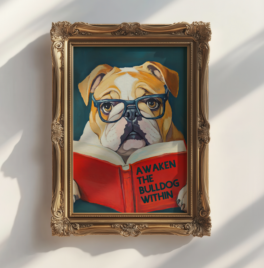Awaken the Bulldog Poster – Book Lovers Literary Wall Art, Motivational Quote, Funny Bulldog Illustration, Cozy Reading Nook Decor