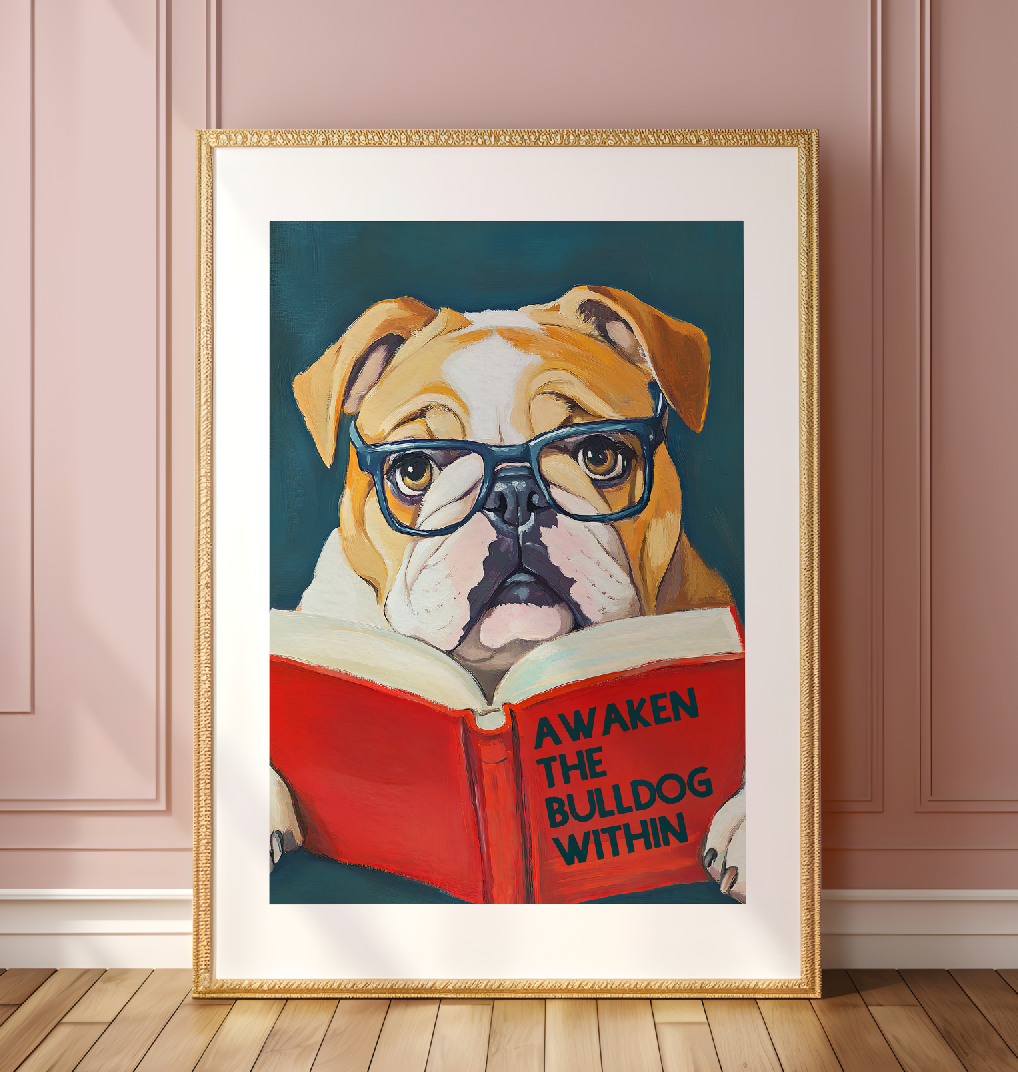 Awaken the Bulldog Poster – Book Lovers Literary Wall Art, Motivational Quote, Funny Bulldog Illustration, Cozy Reading Nook Decor