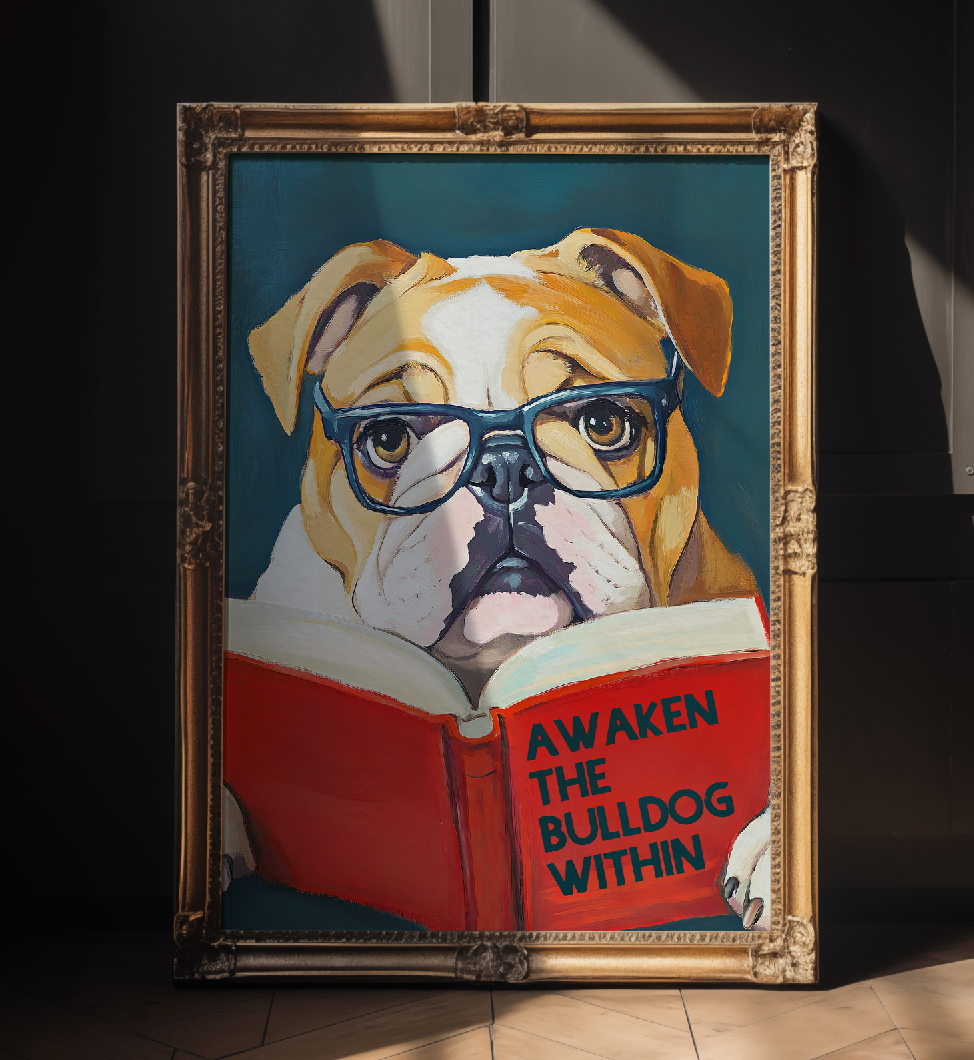 Awaken the Bulldog Poster – Book Lovers Literary Wall Art, Motivational Quote, Funny Bulldog Illustration, Cozy Reading Nook Decor