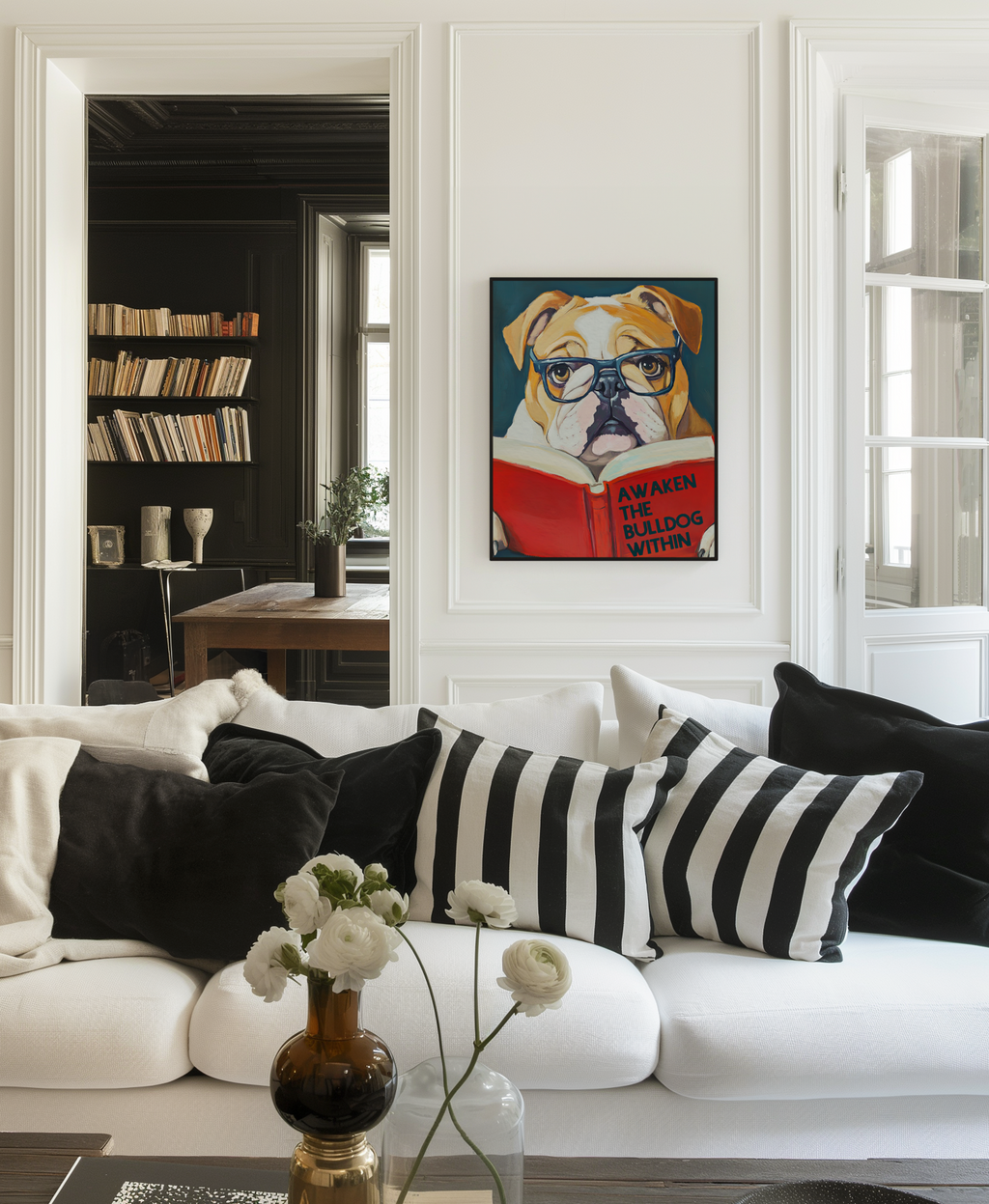 Awaken the Bulldog Poster – Book Lovers Literary Wall Art, Motivational Quote, Funny Bulldog Illustration, Cozy Reading Nook Decor