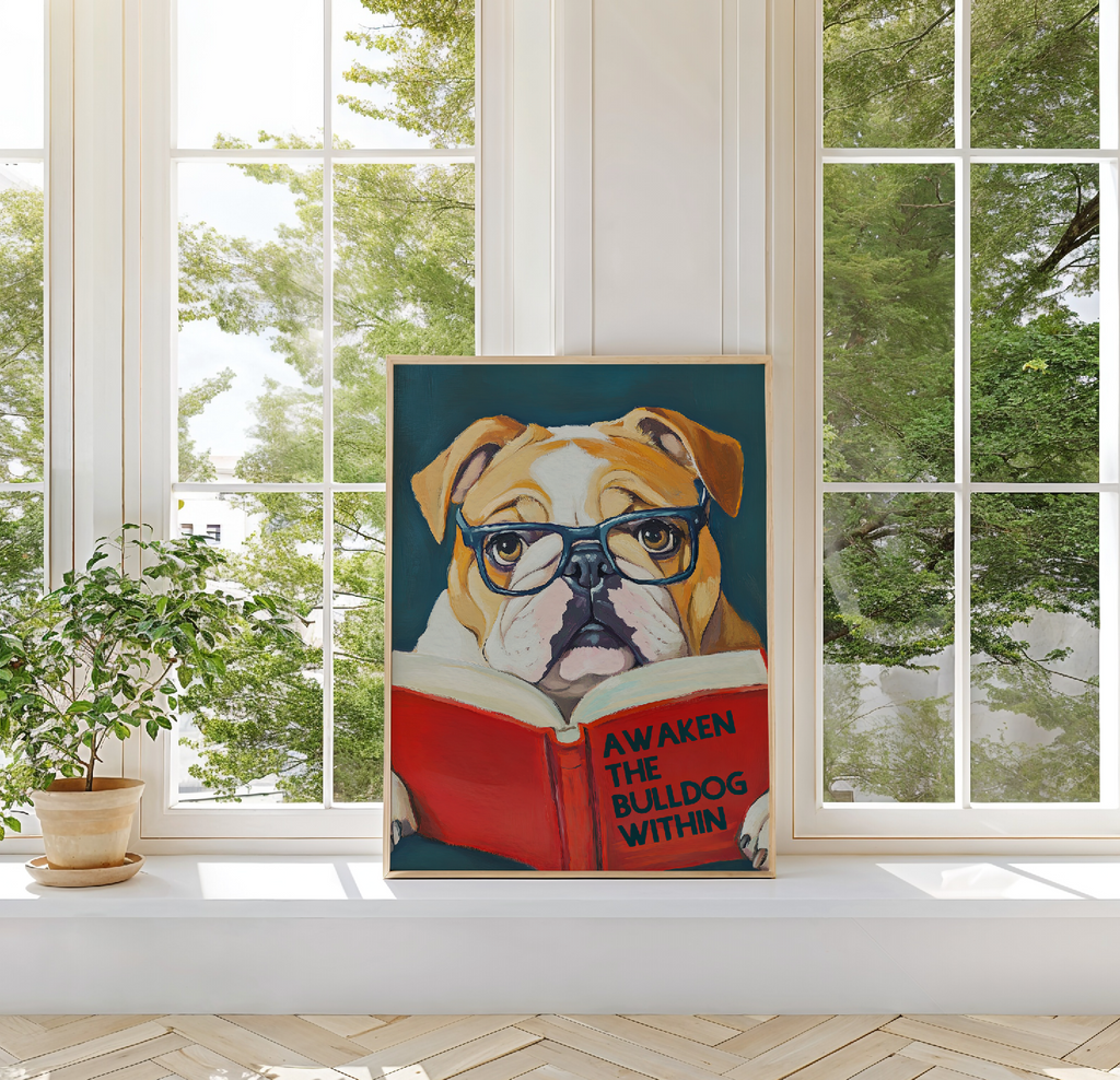 Awaken the Bulldog Poster – Book Lovers Literary Wall Art, Motivational Quote, Funny Bulldog Illustration, Cozy Reading Nook Decor